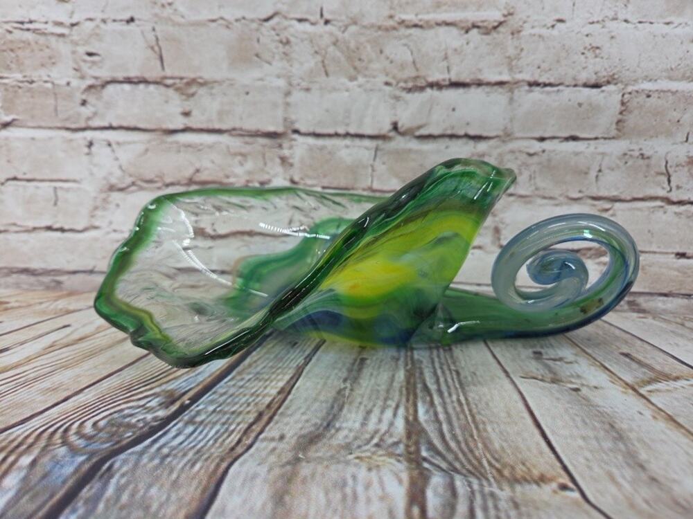 MCM Hand Blown Blue & Green Art Glass Decorative Bowl Cornucopia Murano Style